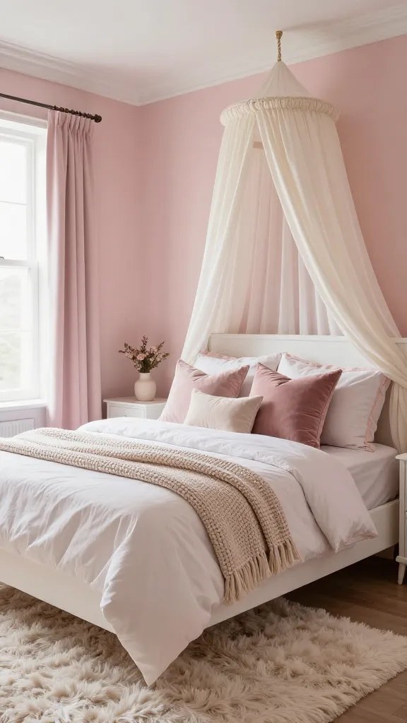 15 Pink Guest Bedroom Ideas for a Warm and Stylish Stay: Cozy Chic Tips 2 A cozy pink guest bedroom with soft blush walls, satin ivory trim, and a white canopy bed, layered textures including velvet throw pillows, a chunky knit throw, and a plush shag rug, diffused natural light from a window. No text.