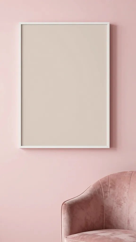15 Pink Guest Bedroom Ideas for a Warm and Stylish Stay: Cozy Chic Tips 3 Close-up of a pastel pink wall with a single bold art piece in neutral tones, white trim, and a velvet accent chair nearby, styled for a welcoming guest retreat with a warm, balanced palette. No text.