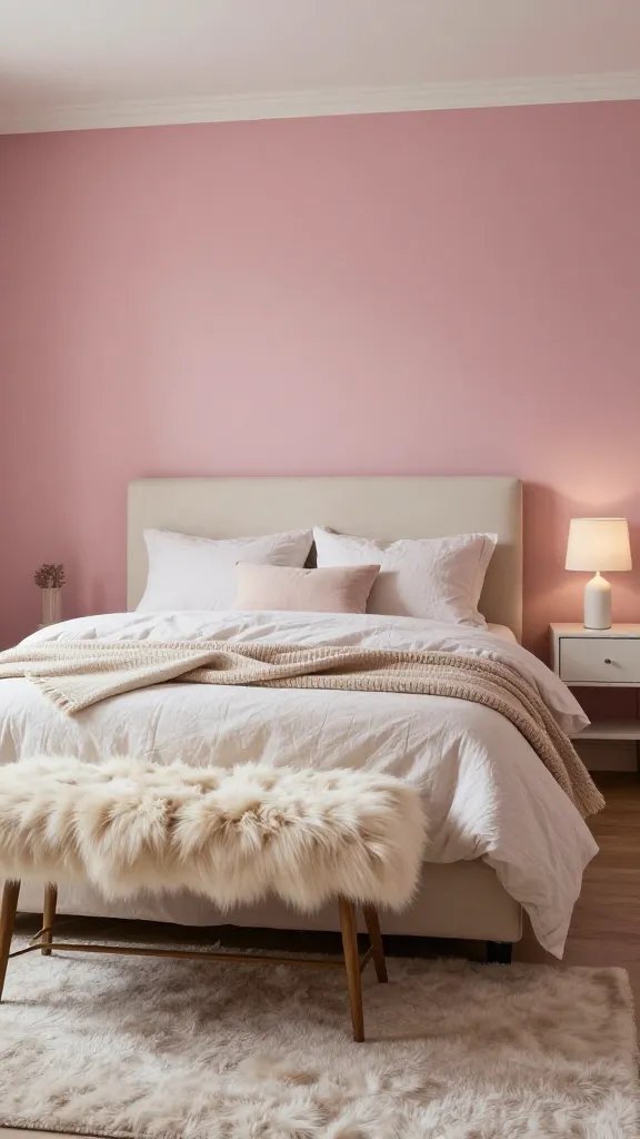 15 Pink Guest Bedroom Ideas for a Warm and Stylish Stay: Cozy Chic Tips 4 A wide shot of a pink bedroom with dusty rose walls, a cream upholstered bed, linen bedding, and layered textures: woolen throw, faux fur bench at the foot, and a soft rug, paired with a white nightstand and lamp glow. No text.