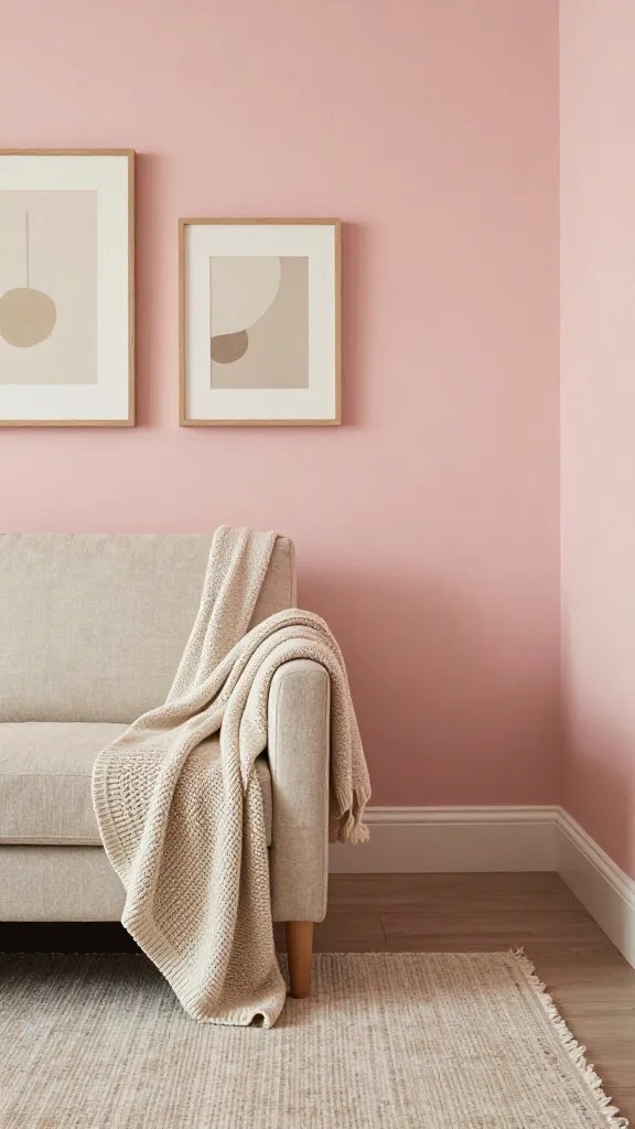 15 Pink Guest Bedroom Ideas for a Warm and Stylish Stay: Cozy Chic Tips 5 A corner vignette featuring a blush pink wall, a knit throw draped over a linen sofa bed, a textured area rug, and a small gallery of neutral-toned art, with natural light filtering in. No text.