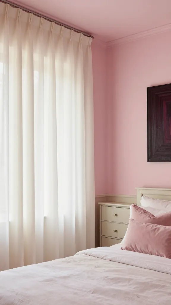 15 Pink Guest Bedroom Ideas for a Warm and Stylish Stay: Cozy Chic Tips 6 A serene pink guest room awakening with ivory curtains, a satin-sheen wall finish, an ivory-dainted dresser, and plush bedding with velvet pillows, accented by a single bold dark-toned artwork. No text.