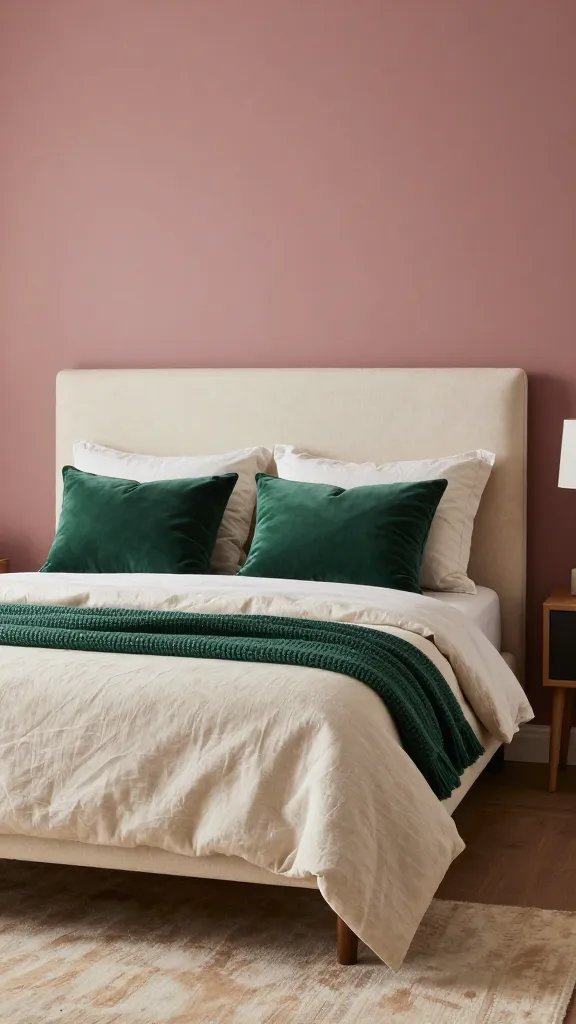 15 Pink Guest Bedroom Ideas for a Warm and Stylish Stay: Cozy Chic Tips 7 A stylish guest bed with dusty rose walls, emerald-green accent pillows, a cream upholstered headboard, layered textiles (linen sheets, velvet pillows, knit throw), and a soft, warm rug under soft lighting. No text.