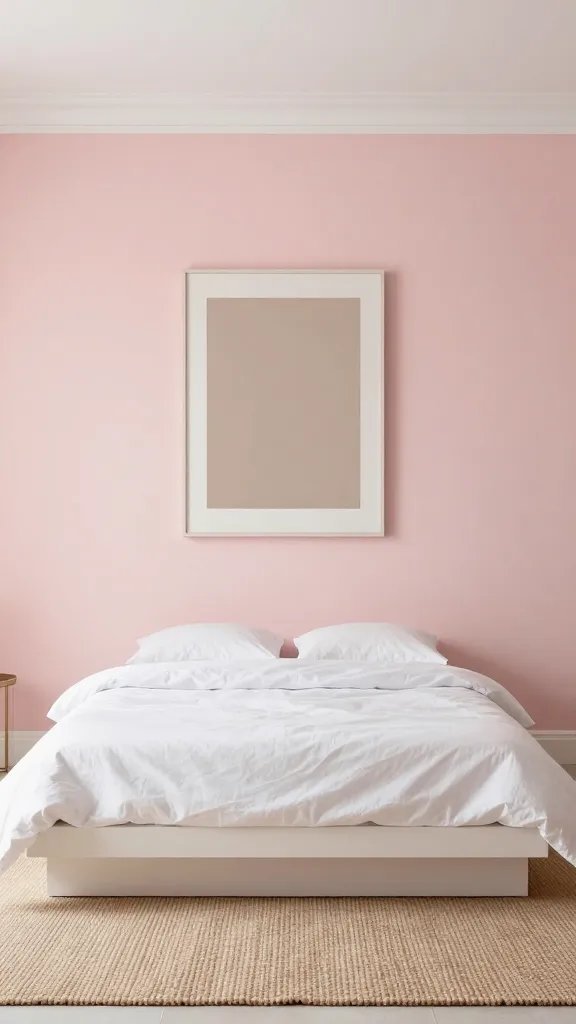 15 Pink Guest Bedroom Ideas for a Warm and Stylish Stay: Cozy Chic Tips 8 A minimalist pink bedroom scene: pale blush walls, white trim, a simple platform bed with white linen bedding, a textured jute rug, and a single statement art piece in taupe tones. No text.