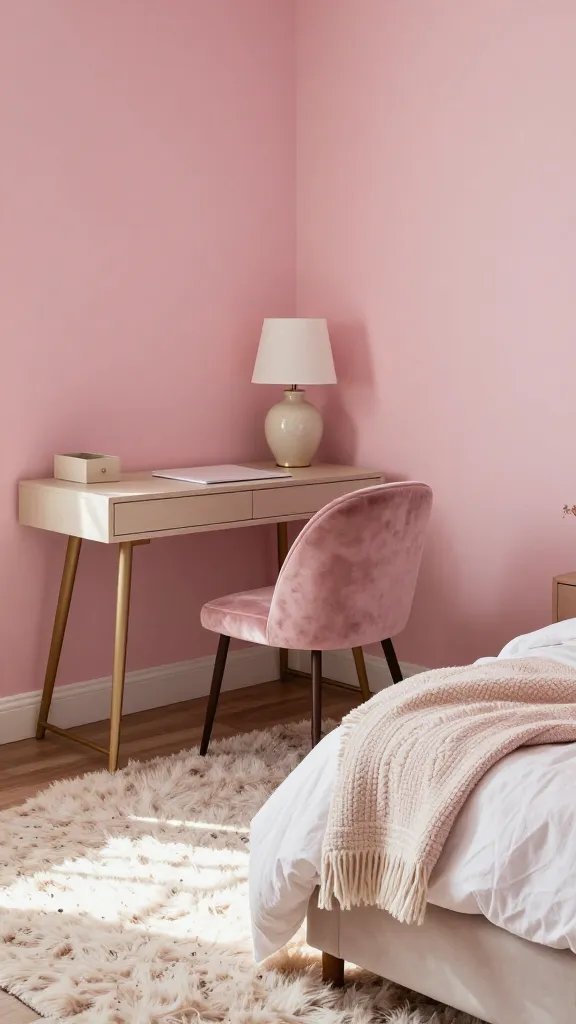 15 Pink Guest Bedroom Ideas for a Warm and Stylish Stay: Cozy Chic Tips 9 A cozy corner setup in a pink room: a small writing desk with a ceramic lamp, a velvet accent chair, a plush rug, and layered textiles on the bed, with ample natural daylight and soft shadows. No text.