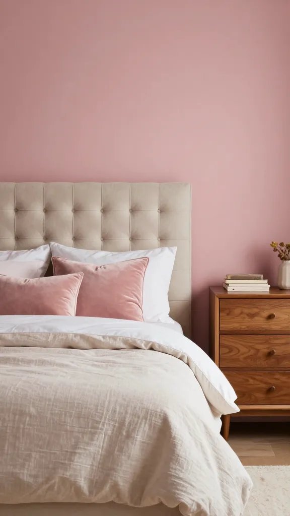 15 Pink Guest Bedroom Ideas for a Warm and Stylish Stay: Cozy Chic Tips 10 A pink guest room with soft satin walls in a muted rose, a tufted headboard in cream, layered bedding (linen sheets, velvet throw pillows), and a warm-toned wooden dresser, creating inviting warmth. No text.