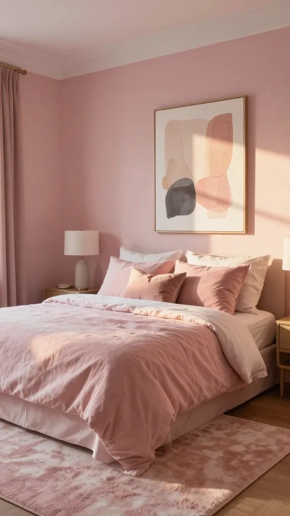 15 Pink Guest Bedroom Ideas for a Warm and Stylish Stay: Cozy Chic Tips 11 A warm, inviting pink bedroom scene at golden hour: dusty rose walls, white trim, a plush rug, linen and velvet textiles, and a single bold abstract art piece, with cozy lighting and a welcoming bed arrangement. No text.