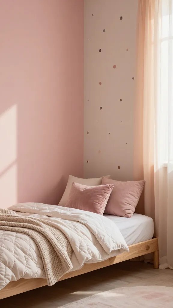 A cozy kid bedroom corner with soft matte blush pink walls, a light latte accent wall featuring tiny watercolor polka dots, sheer layered curtains filtering warm daylight, and a low wooden bed with a quadruple-layered bedding setup (cotton sheets, a quilt, a chunky knit throw, and a velvet decorative pillow).