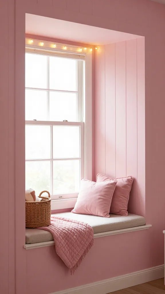 A playful pink reading nook by a window: blush paneled walls, a small cushioned window seat with a quilted pink throw, a basket of plush pillows, and soft ambient light from a delicate string of warm fairy lights.