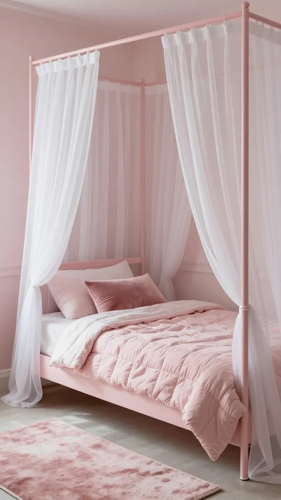 A dreamy pink sleep space with a canopy bed: sheer white curtains draped over a pale pink frame, a textured quilt on the bed, a velvet lumbar pillow, and a soft rug in muted rose tones; all under gentle, diffused daylight.