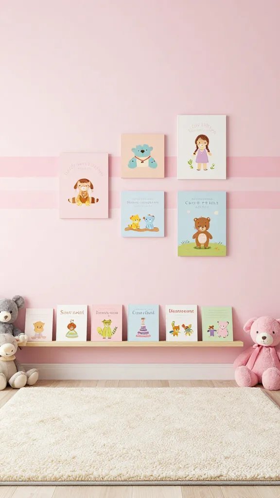 A girl-friendly wall collage area: soft pink walls with a subtle watercolor stripe accent, a low shelf displaying pastel storybooks and plush toys, and a cozy floor mat with a gentle tufted texture.