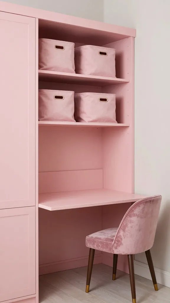 A compact storage-smart pink room: built-in blush cabinetry with open cubbies, labeled cloth bins, a fold-out play surface, and a small desk nook with a velvet chair, all in cohesive rosy hues.