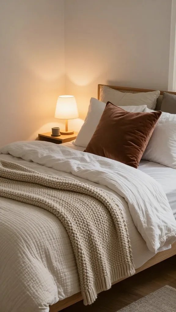 A cozy bedtime corner featuring layered textures: a twin bed with cotton sheets, a folded quilt, a chunky knit throw, and a velvet pillow arranged with a soft ambient lamp casting a warm glow.