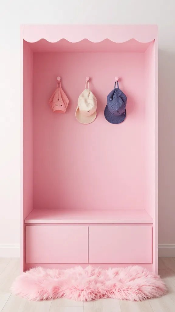 A pink-themed play alcove with hidden storage: soft-pink walls, a recessed bench with hidden drawers underneath, a plush faux fur rug, and wall-mounted storage hooks for toys and hats.