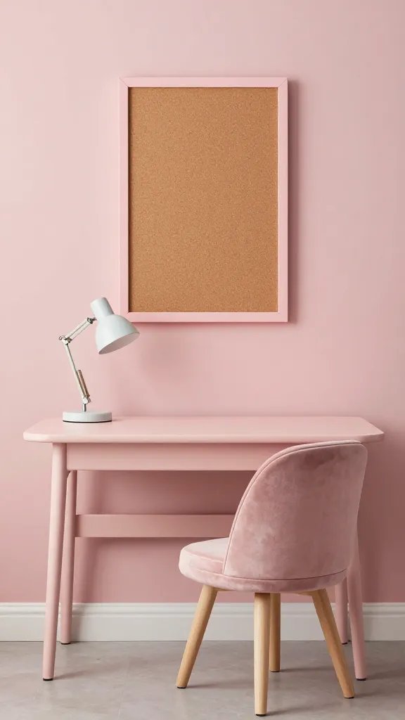 A daylight-soft workspace for a kid: matte latte pink wall, a compact desk with rounded edges, a pastel desk lamp, a cork board framed in pale pink, and a cushioned swivel chair in blush velvet.