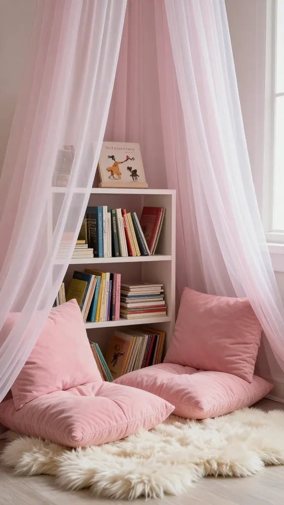 An intimate storytelling nook: floor cushions in varying shades of pink, a low, rounded bookshelf filled with picture books, a sheer curtain panel softly draped to filter light, and a low-cost faux-sheepskin rug.