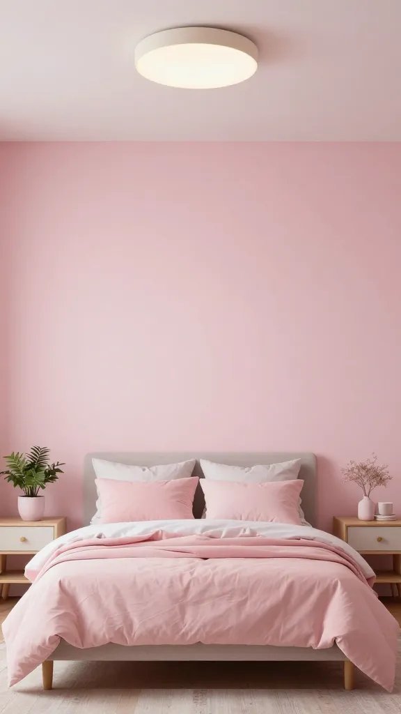 A transition-ready pink bedroom with a pattern accent wall: subtle tiny polka dots on a soft pink background, a plain ceiling light with a warm glow, a medium-sized bed dressed in layered pink textiles, and a small plant in a pastel pot on a nightstand.