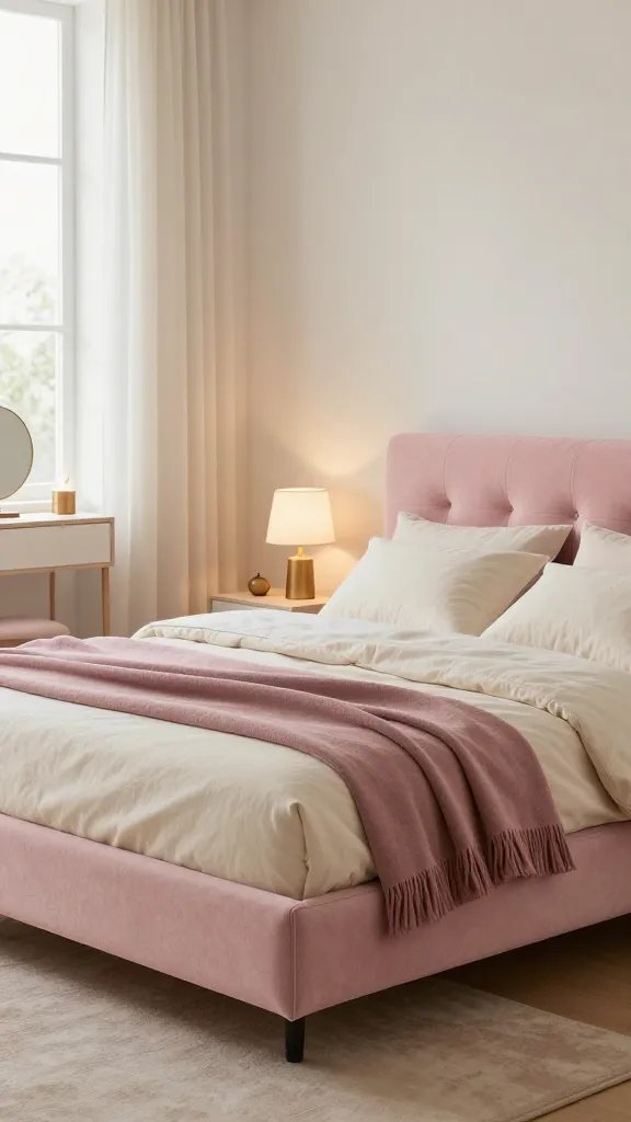 A cozy bedroom corner featuring a low-profile blush-pink platform bed with a tufted headboard, soft cream bedding, and a mauve throw blanket, illuminated by warm bedside lamps and natural window light, with a hint of metallic gold accents in a minimalist vanity mirror.