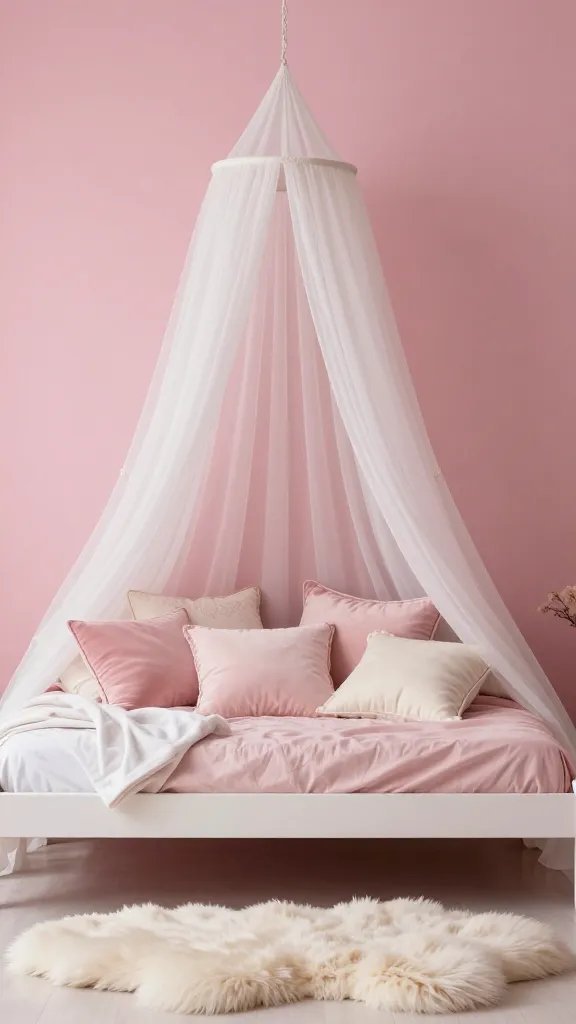 A dreamy pink palette wall setup with a dusty rose accent wall, a simple white canopy bed, layers of layered pink and cream pillows, a plush faux fur rug, and soft ambient lighting creating a serene, romantic atmosphere.