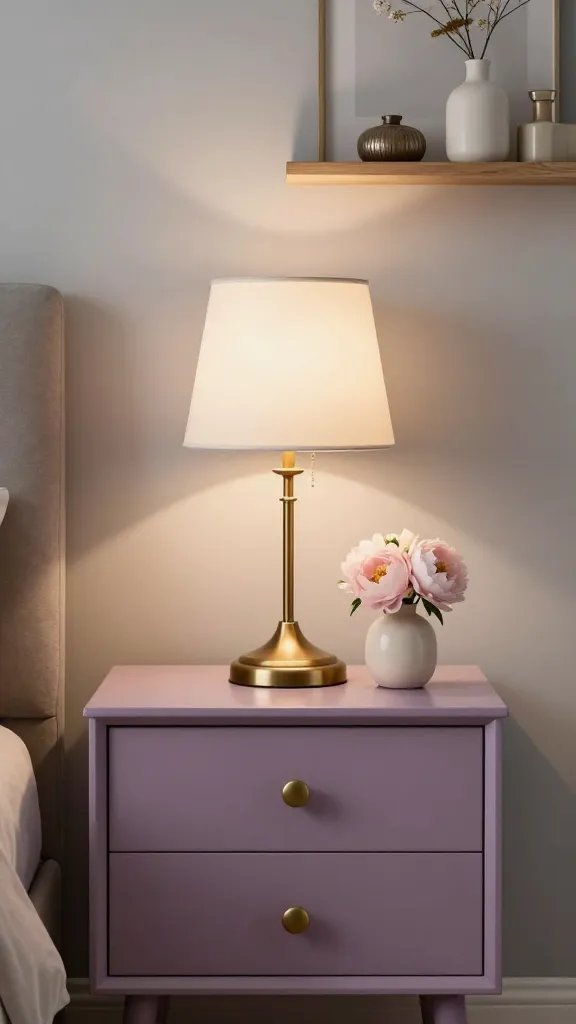 An elegant bedside scene showcasing a mauve nightstand, a vintage brass lamp, a small vase with pale pink peonies, and a wall-shelf arrangement of neutral decor, all against warm-toned ambient lighting and light gray walls.