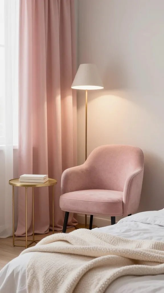 A chic reading nook beside the bed: a pink upholstered chair, a small round gold-legged side table, sheer pink curtains, and a floor lamp casting a gentle glow over a pile of cozy blankets in blush and ivory tones.