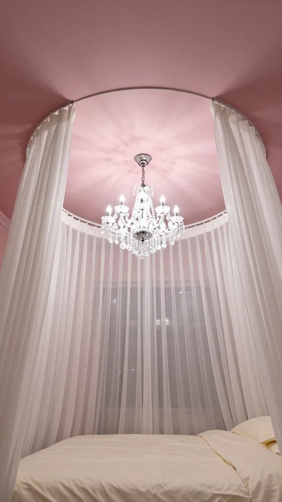 A statement ceiling and lighting vignette: a ceiling with subtle pink-tinted recessed lighting, a delicate crystal pendant chandelier, and sheer white draperies framing a soft mauve ceiling canopy over a bed with cream linens.