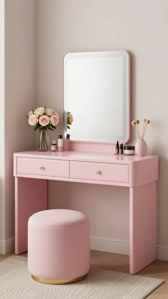 A luxurious dressing area integrated into the bedroom: a blush-pink vanity with a frosted mirror, a cushioned stool, soft diffused lighting, and a neutral rug, with organized cosmetics and a small bouquet of pale pink roses.