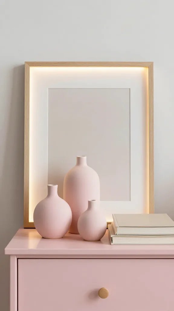 A calming nightstand trio: three small pink-toned ceramic vases of varying heights, warm LED strip lighting behind a framed neutral art print, and a stack of light beige books, all on a pale pink-toned wood nightstand.