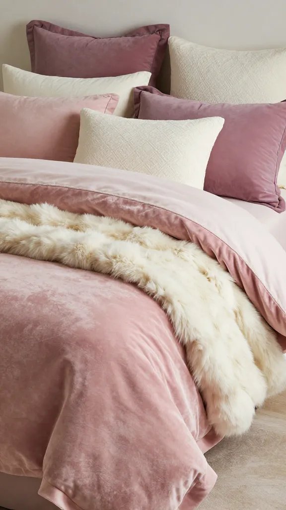 A textural bed display: layered pink velvet bedding with a mix of satin and cotton textures, a fluffy faux fur throw in ivory, and an assortment of texture-rich cushions in dusty rose, cream, and mauve, under soft ambient lighting.