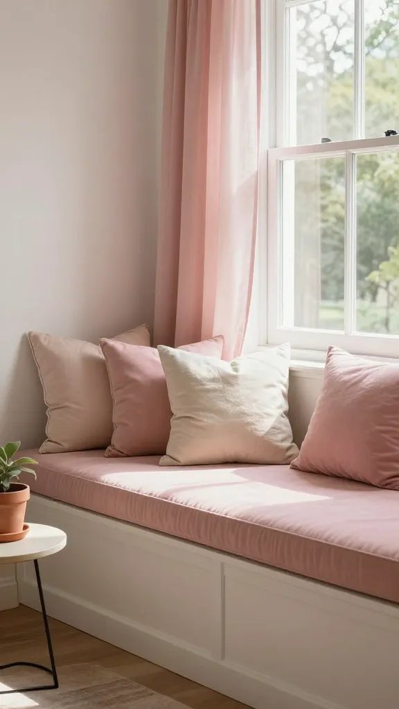 A window seat sanctuary: a built-in bench with a cushioned pink seat, an assortment of throw pillows in varying pink hues and creams, a sheer pink curtain, and a small side table with a terracotta plant pot, all bathed in warm natural daylight.