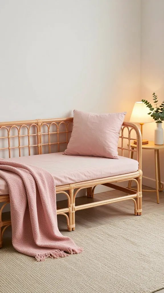 A cozy reading corner with pink-toned rattan furniture: a rattan daybed in blush, a neutral woven rug, a soft pink throw, and a reading lamp with a warm glow, complemented by a small eucalyptus arrangement on a side table.