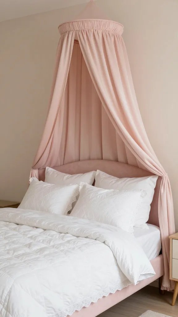 A serene bedroom featuring a soft blush pink bed frame with white quilted linens, delicate lace-edged pillows, and a satin canopy, layered textures, and warm ambient lighting against pale pastel walls.