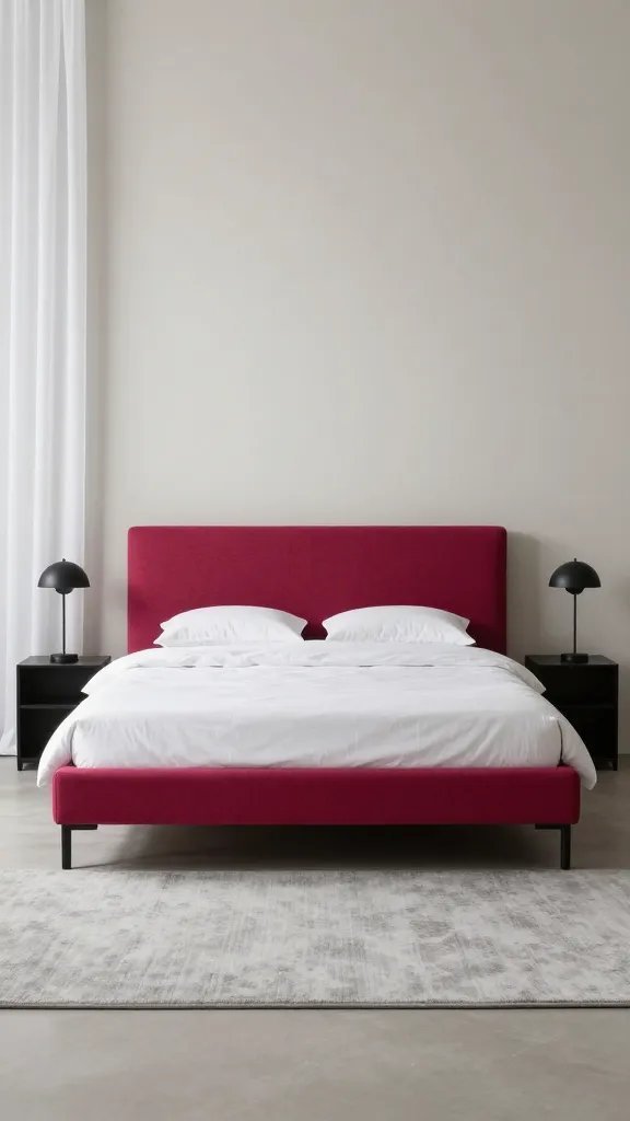 A bold fuchsia bed frame as the centerpiece in a minimalist room, neutral surrounding palette, a simple gray rug, matte black bedside lamps, and sheer white drapery to keep the focus on the bed.