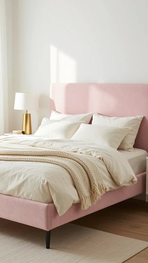 A two-tone design with a blush pink headboard and lighter pink footboard, paired with ivory bedding, chunky knit throw, and gold-accented side table lamps in a sunlit corner.