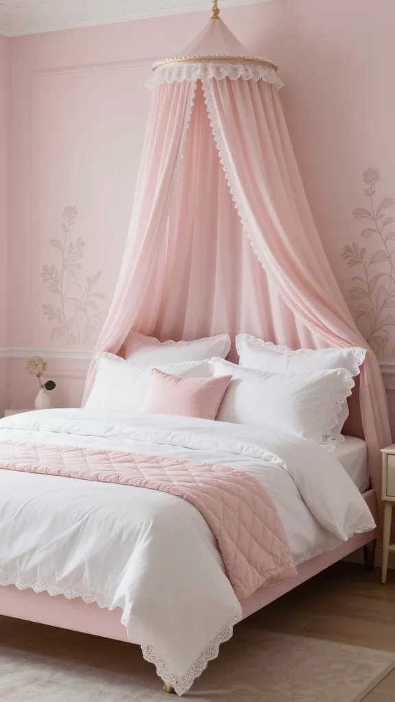 Romantic pastel elegance: a ballet pink bed frame with white linens, a quilted throw, lace-edged pillows, satin canopy, and soft pink walls with botanical wall art.