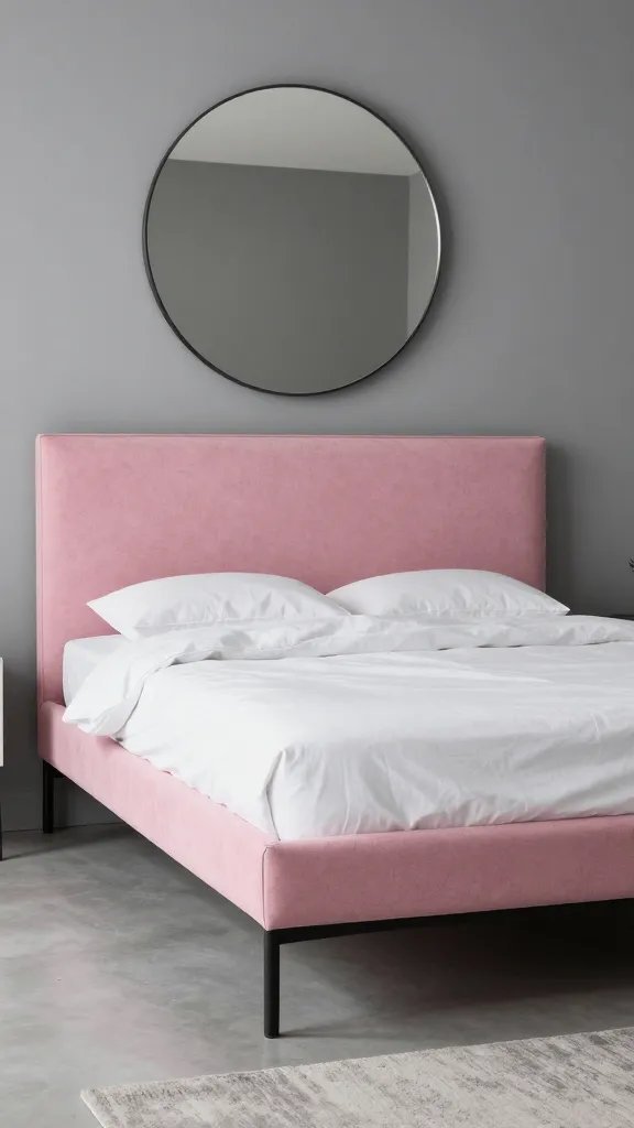 Contemporary chic: a saturated pink bed frame against cool gray walls, black metal bed legs, minimal white bedding, and a large round mirror above the headboard.