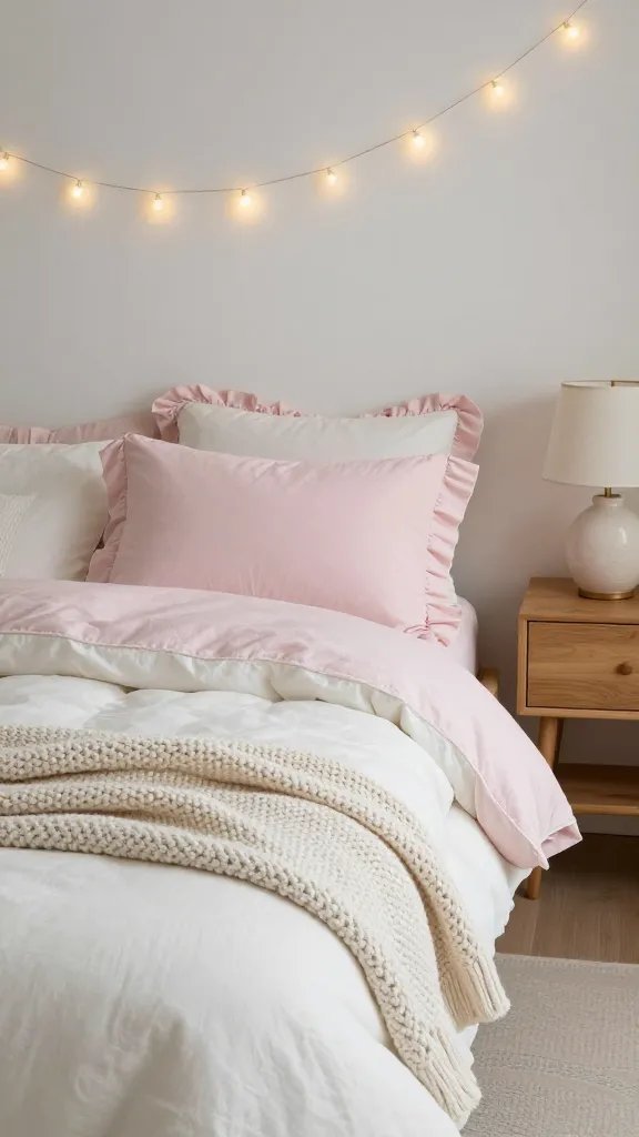 Cozy cottage vibe: a pale pink bed with a fluffy white duvet, knitted throw, ruffled pillow shams, soft ambient fairy lights draped above, and a wood nightstand with a ceramic lamp.