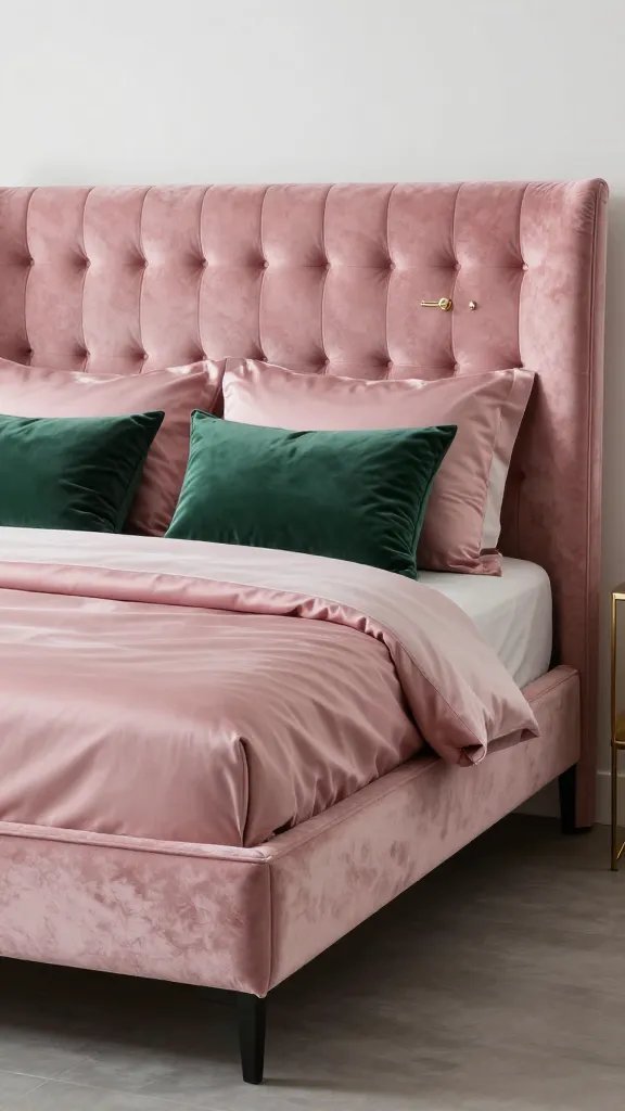 Lux velvet look: a rose pink velvet bed frame with a tufted headboard, satin sheets, emerald green accent pillows, and gold jewelry-like bedside fixtures.
