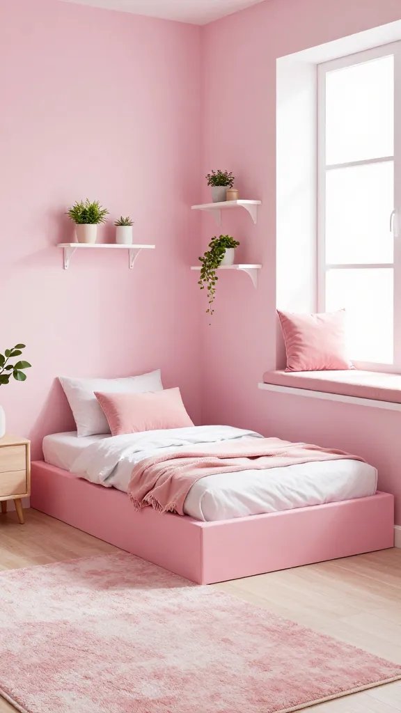 Playful pink nook: a compact pink platform bed in a child/adult-friendly space, pastel rugs, floating shelves with small plants, and a window seat with pink cushions.