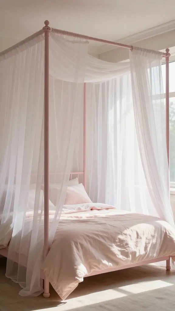 Soft blush canopy retreat: a four-poster pink bed frame with sheer white curtains, a layered canopy of sheer fabrics, and soft pink and ivory linens in a sun-drenched corner.