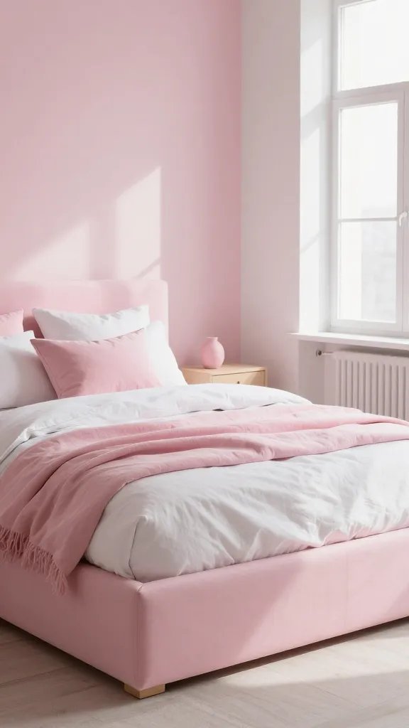 Monochrome pink layering: a light pink platform bed, multiple shades of pink in throws and pillows, white linen, light wood furniture, and a large window with natural light casting gentle shadows.