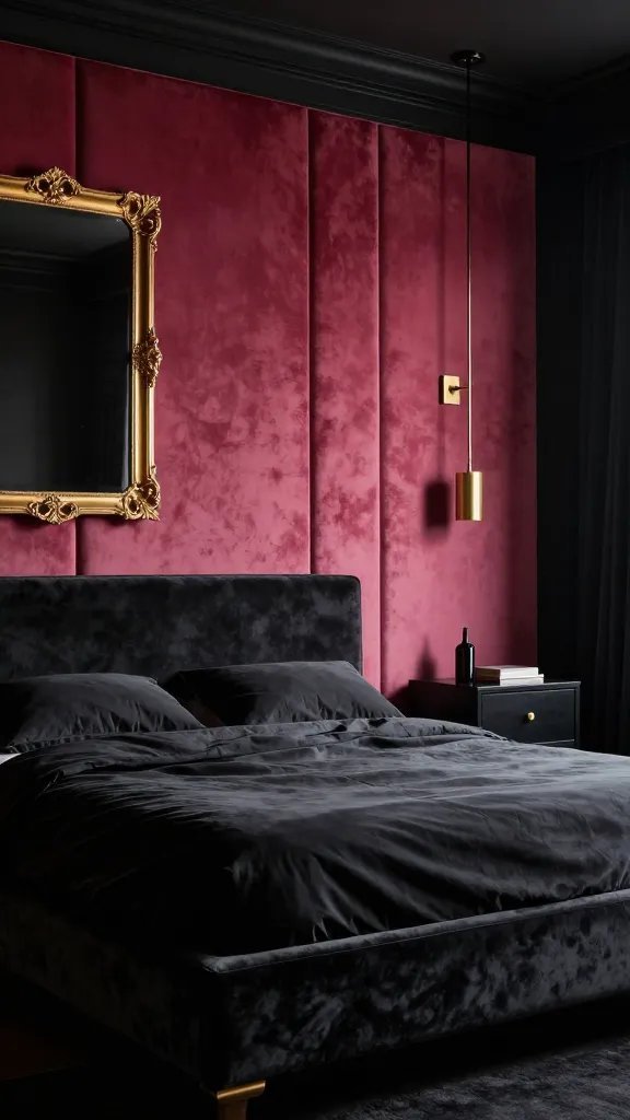 A luxurious bedroom with a single deep pink velvet feature wall in rosewood tones, paired with matte black furniture, brass accents, and moody lighting; king-size bed with charcoal bedding, a gold-framed mirror, and a black nightstand, cinematic interior photography.