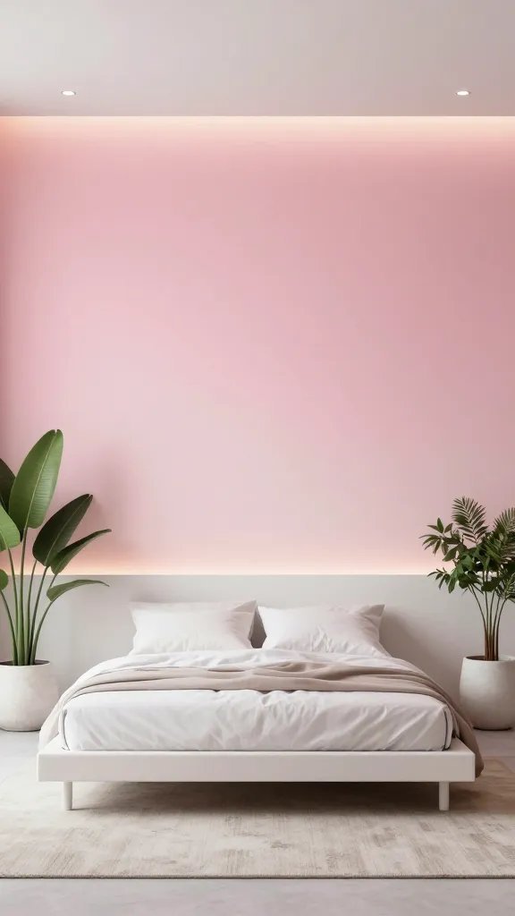 A modern pink feature wall in a serene blush-to-pink gradient, surrounded by minimalist white furnishings, a low-profile bed, soft ambient lighting, and a neutral rug; plants in ceramic pots at the corners, airy and luxurious mood.