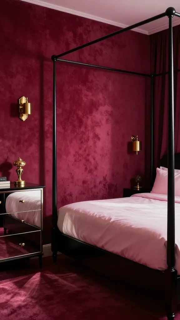An opulent hotel-inspired bedroom with a rich magenta velvet wall, brass sconces, a black canopy bed with pale pink bedding, and reflective surfaces like a mirrored dresser; dramatic shadows and cinematic glow.