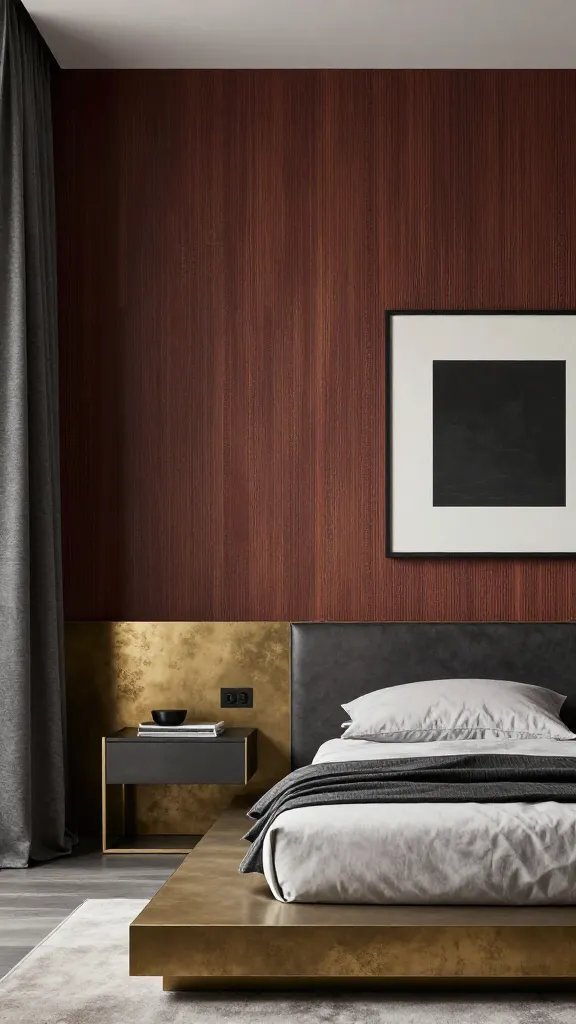 A moody rosewood feature wall with subtle texture (corduroy or velvet pattern), mixed metallic accents (brass and black), a low platform bed, charcoal curtains, and a single statement art piece above the bed.