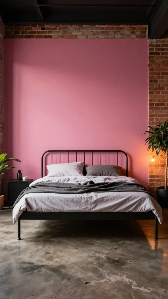 A bold pink wall in a modern loft bedroom, paired with industrial materials: exposed brick, black metal bed frame, concrete-look flooring, and warm amber lighting, with a touch of greenery for contrast.