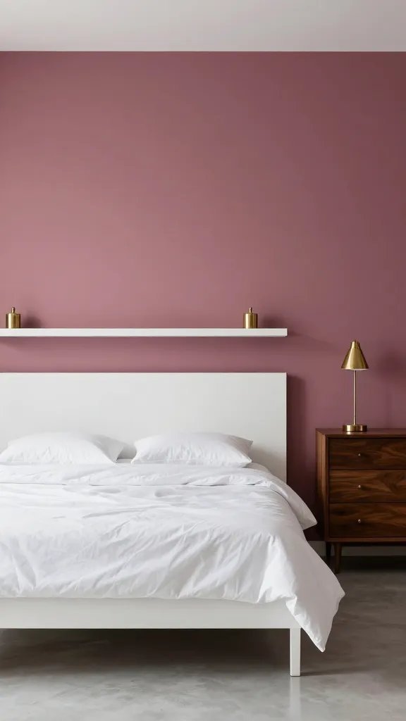 A deep rose feature wall behind a white minimalist bed, crisp white linens, a floating shelf with small brass lamps, and a dark wood dresser; soft pink wall reflections on a polished floor add depth.