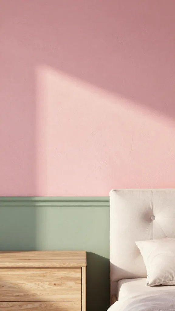 A romantic pink feature wall with subtle texture (faux plaster or linen), paired with sage green accents, light wood furniture, a white upholstered headboard, and warm sunset lighting.
