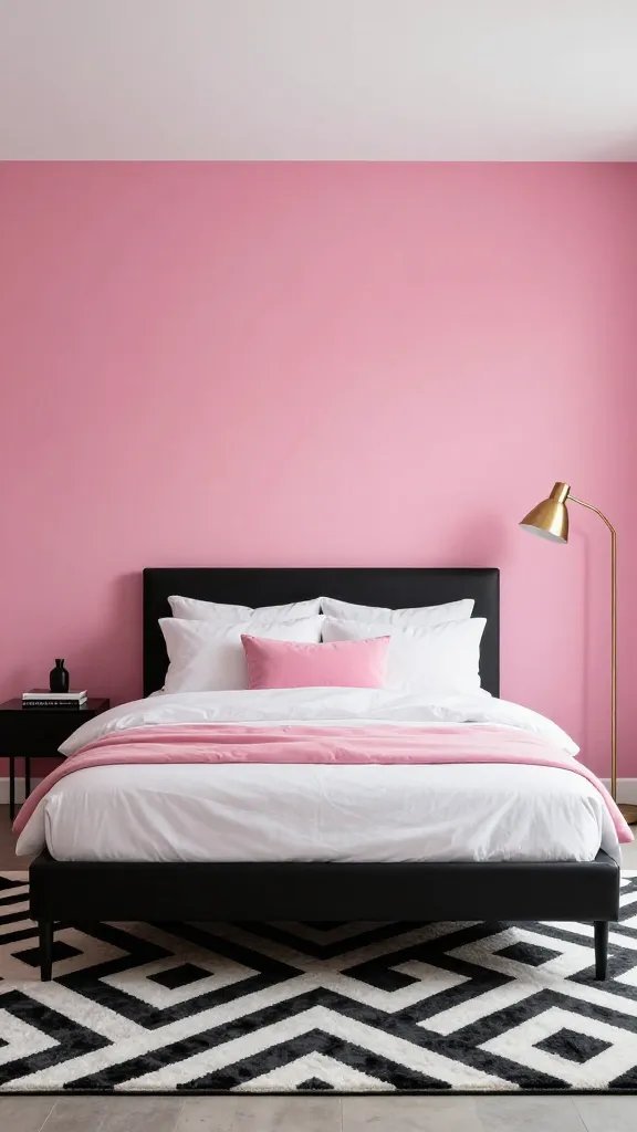 A bold blush feature wall in a contemporary bedroom with high-contrast black and white decor, geometric area rug, black bed frame, white bedding with pink accent pillows, and a brass floor lamp.