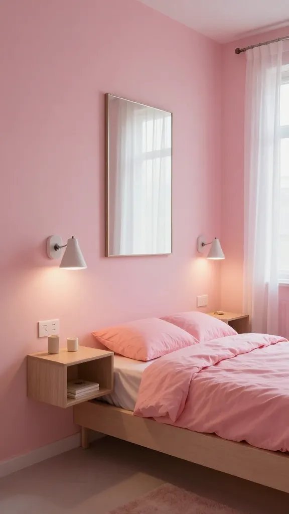An intimate pink wall behind a compact bedroom setup: floating nightstands, wall-mounted lamps, a small platform bed with coral-pink bedding, mirrored accents, and a soft glow from daylight through a sheer curtain.