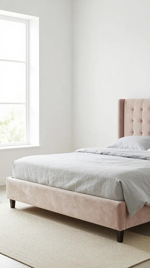 A serene bedroom featuring a soft blush velvet statement bed frame with a tall, tufted headboard, minimalist white walls, light gray linen bedding, and one cream woven rug; natural light from a large window, no clutter, clean lines, cozy chic vibe.